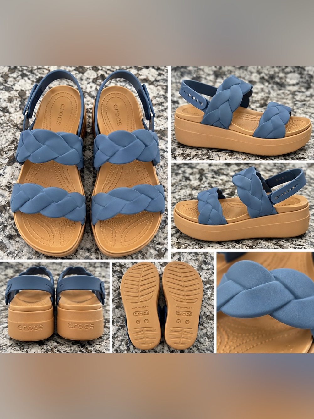 Crocs Women’s Size 9 Blue Tan Platform Sandals Braided Strap Comfort